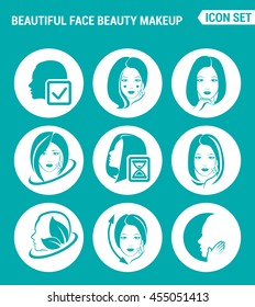 Vector set web icons. Beautiful face, beauty makeup, facial, hair, skin, cosmetics. Design of signs, symbols on a turquoise background