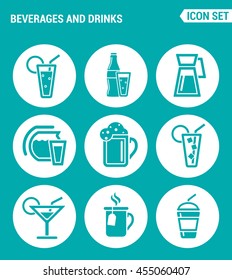 Vector set web icons. Beverages and drinks shake, martini, bottle, bar, cocktail, alcohol, soda, juice drink. Design of signs, symbols on a turquoise background