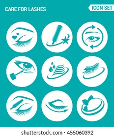 Iconos web del conjunto de vectores. Cuidado de los azotes cosméticos, ojos, cejas, pestañas, pestañas, párpados, rimel. Diseño de signos, símbolos sobre un fondo turquesa