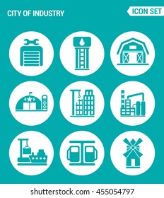 Vector Set Web Icons. City Of Industry Garage, Pumping Station, Farm, Military Base, Home, Building, Plant, Port, Mill, Filling Station. Design Of Signs, Symbols On A Turquoise Background