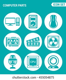 Vector set web icons. Computer parts, hard drive, mouse, video card, RAM, cooler, CPU, microphone. Design of signs, symbols on a turquoise background