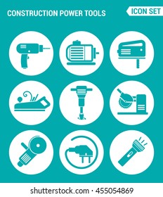 Vector set web icons. Construction Power Tools Drill perforator, saw, planer, pneumatic hammer, Angle grinder, socket, Lantern. Design of signs, symbols on a turquoise background