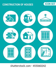 Vector set web icons. Construction of houses plaster walls, eco-house, Crane lifts the concrete block, break down the walls, windows, doors, project. Design of signs, symbols on turquoise background
