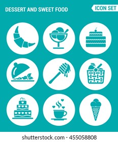 Vector set web icons. Dessert and sweet food, croissant, dessert, cake, fruit salad, honey, apple basket, coffee, ice creams. Design of signs, symbols on a turquoise background