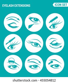 Vector set web icons. Eyelash extensions, eyes, mascara, eye shadow, eyebrow, eyeliner, increasing the volume of eyelashes. Design of signs, symbols on a turquoise background