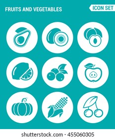 Vector set web icons. Fruits and vegetables, avocado, kiwi, apricot, lemon, berry, currant, apple, corn, cherry, pumpkin. Design of signs, symbols on a turquoise background