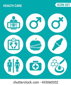 Vector set web icons. Health Care, rengen, woman, Man, apple, joints, first aid kit, laboratory. Design of signs, symbols on a turquoise background