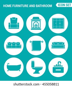 Vector set web icons. Home furniture and bathroom, armchair, fireplace, wardrobe, sofa, towel, bath, toilet, washbasin. Design of signs, symbols on a turquoise background