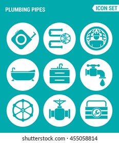 Vector set web icons. Plumbing pipe, plumbing, worldwide plumber, bathroom, sink, faucet, equipment. Design of signs, symbols on a turquoise background
