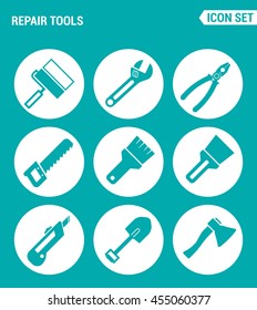 Vector set web icons. Repair tools, wrench, pliers, saws, brush, stationery knife, shovel, ax, roller for painting. Design of signs, symbols on a turquoise background