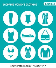 Vector set web icons. Shopping women clothing pants, bathing suit, coat, shirt, sneakers, shoes, bag, dress, skirt, pullover. Design of signs, symbols on a turquoise background