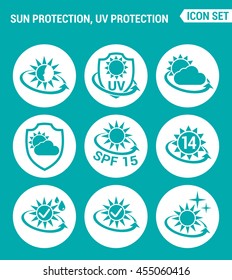 Vector set web icons. Sun, uv, light protection, round the clock protection from weather, cream SPF. Design of signs, symbols on a turquoise background