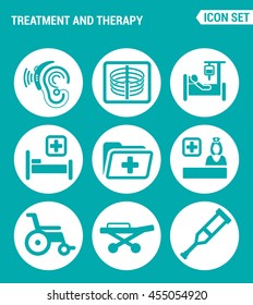Vector set web icons. Treatment and therapy hearing instrument, X-ray, dropper, bed, hospital, folder, doctor, wheelchair, crutches, stretcher. Design of signs, symbols on a turquoise background