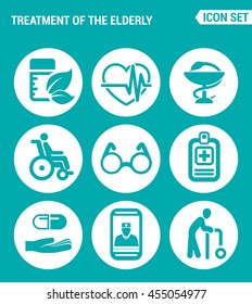 Vector set web icons. Treatment the elderly medicine, heart palpitations, pharmacy, disabled person, glasses, prescription of treatment, pills, talk doctor, old man. Design sign, turquoise background