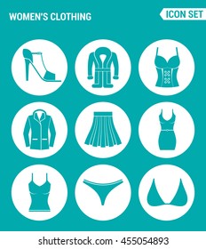 Vector set web icons. Womens clothing shoes, coat, jacket, skirt, dress, t-shirt, swimming trunks, brassiere. Design of signs, symbols on a turquoise background