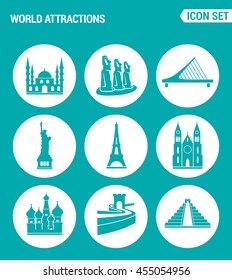 Vector set web icons. World attractions Mosque, rapa nui, Bridge, Statue Liberty, Eiffel Tower, Church, Chinese Wall, Pyramid. Design of signs, symbols on a turquoise background