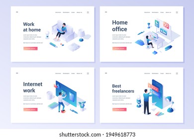 Vector set of website templates with cartoon male and female characters working on Internet and remotely from home offering services for employers