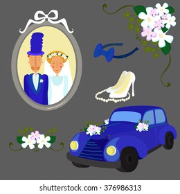 Vector set wedding with bride, groom, car and decorations