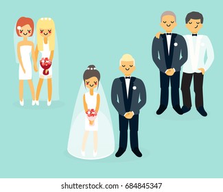 Vector set of wedding cartoon characters in flat style. Bride in wedding dress and veil holding bouquet and groom in wedding tuxedo icons.