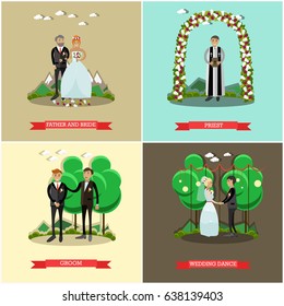 Vector set of wedding ceremony posters. Father and bride, Priest, Groom and Wedding dance flat style design elements.