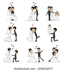 Vector set of wedding couples in doodle style