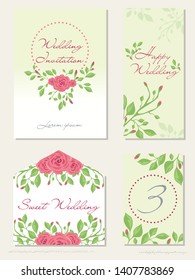 Vector set of Wedding design concept with Invitation, menu, Rsvp, cute card, envelope, cover, poster. Floral wedding design concept with Rose flower, eucalyptus, romantic trendy greenery bouquet