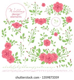 Vector set of Wedding design elements. Floral decorative elements for wedding cards design: Invitation, menu, Rsvp, cute card, envelope, cover, poster. Flower, leave, frames, font for wedding cards