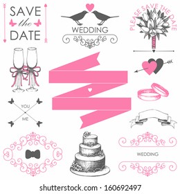 Vector set of wedding  design elements for wedding card or invitation with hand drawn illustrations