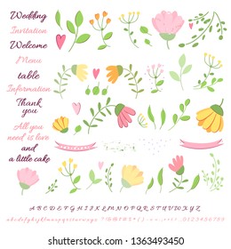 Vector set of Wedding design hand drawn elements. Floral elements for wedding design concept: Invitation, menu, Rsvp, cute card, envelope, cover, poster. Flower, leave, frames, font for wedding design