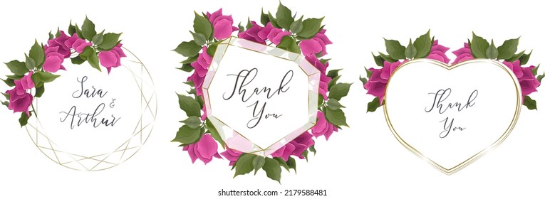 Vector set for wedding design. Pink bougainvillea, gold frames. 