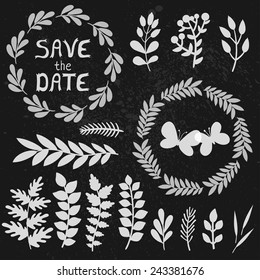 Vector set of wedding elements. Black and white floral design. Chalk decorative wreathes, branches, leaves on the vintage background.
