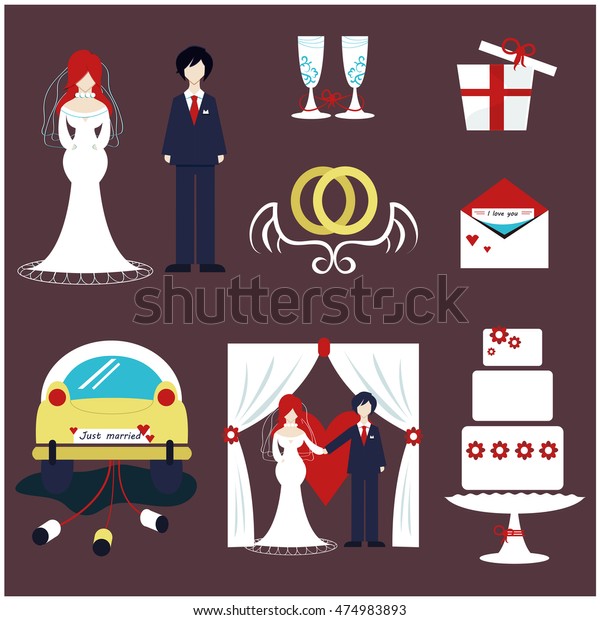 Vector set of wedding elements. The\
husband and wife (under wedding arch), wedding rings, wedding car,\
a love letter, gift, wedding cake, wedding\
glasses.