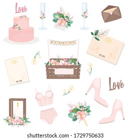 Vector Set with wedding elements. Wineglasses, cake, hairpin, candles, box, heart, flowers, underwear and woman shoes with lettering Love. Set of hand drawn wedding elements