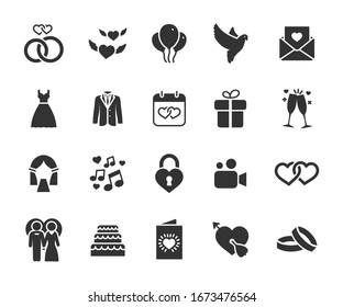 Vector Set Of Wedding Flat Icons. Contains Icons Bride And Groom, Rings, Invitation, Wedding Cake, Gift, Love Hearts, Doves And More. Pixel Perfect.