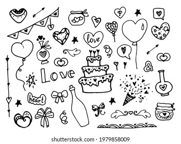 Vector set for wedding. hand-drawn elements for romance and love in the doodle style of cake, champagne bottle, hearts, flags, firecrackers, arrows and balloons with a black line on a white background