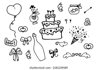 Vector set for a wedding. hand-drawn elements for romance and love in the style of a doodle of cake, champagne, hearts, arrows and balloons with an isolated black line on white for a design template f