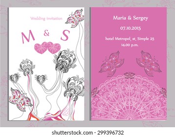 Vector Set of wedding and holiday invitations and announcements with vintage lace background and fantastic flowers