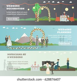 Vector set of wedding horizontal banners. Wedding decoration, Wedding planning and Musicians at a party flat style design elements.