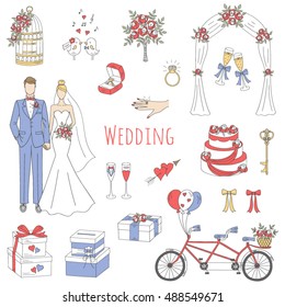 Vector set of  wedding icons with  bride and groom, isolated on white background, hand drawn illustrations.