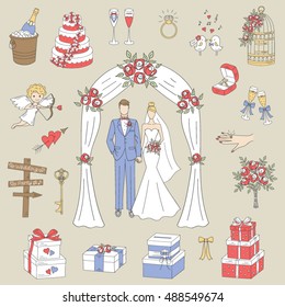Vector set of wedding icons with bride and groom,  hand drawn  illustrations.