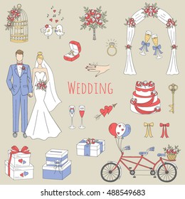 Vector set of wedding icons with bride and groom, hand drawn  illustrations.