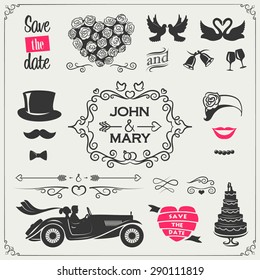 Vector set of wedding icons and elements for the invitations, banners and signs (arrows, hearts, wreaths, ribbons, labels and other elements)