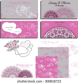 Vector set of wedding invitation with angels and laces, cards and wrapping paper. Template hand draw element for triumph