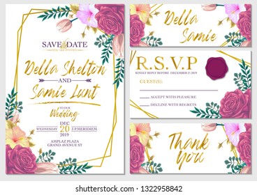 vector set of wedding invitation card with flowers, leaves, wax stamp, and ornament poster decorative background template design illustration
