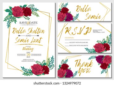 Vector set wedding invitation card with roses and gold lettering. Ornament poster decorative background template design illustration.