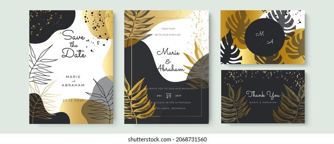 Vector set wedding invitation card template design with green leaves and flowers