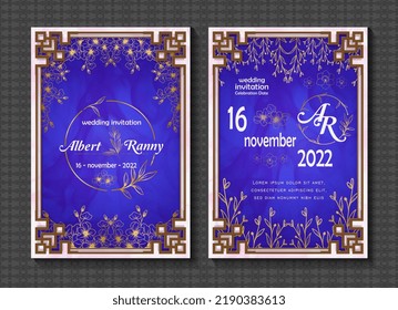 Vector Set Of Wedding Invitation Card Templates, Border Frame Designs And Floral And Gold Leaf Outline Decorations, Isolated On Blue Background Decorated With Watercolor