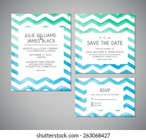 Vector set Wedding invitation cards with watercolor background. Template Wedding invitations or announcements