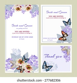 Vector.
Set wedding invitation cards. congratulations and gratitude. Lilac and gray tones with flowers and butterfly.