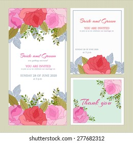 Vector.
Set wedding invitation cards. congratulations and gratitude. Pink rose with leaves on a white background.